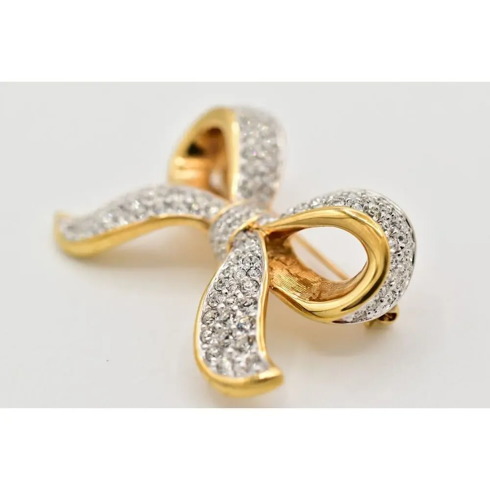 Swarovski Vintage Crystal Bow Pin Brooch Gold Pave Rhinestone Swan Signed BinBG